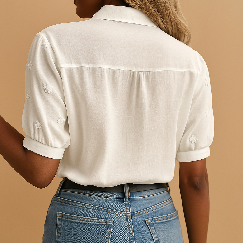 Rania | Elegant High Collar Embroidered White Blouse