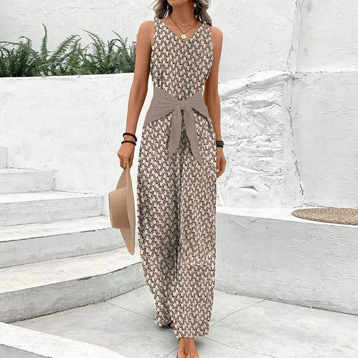 Juliana | Elegancka Kombinezon z Paskiem i Wzorem Geometrycznym