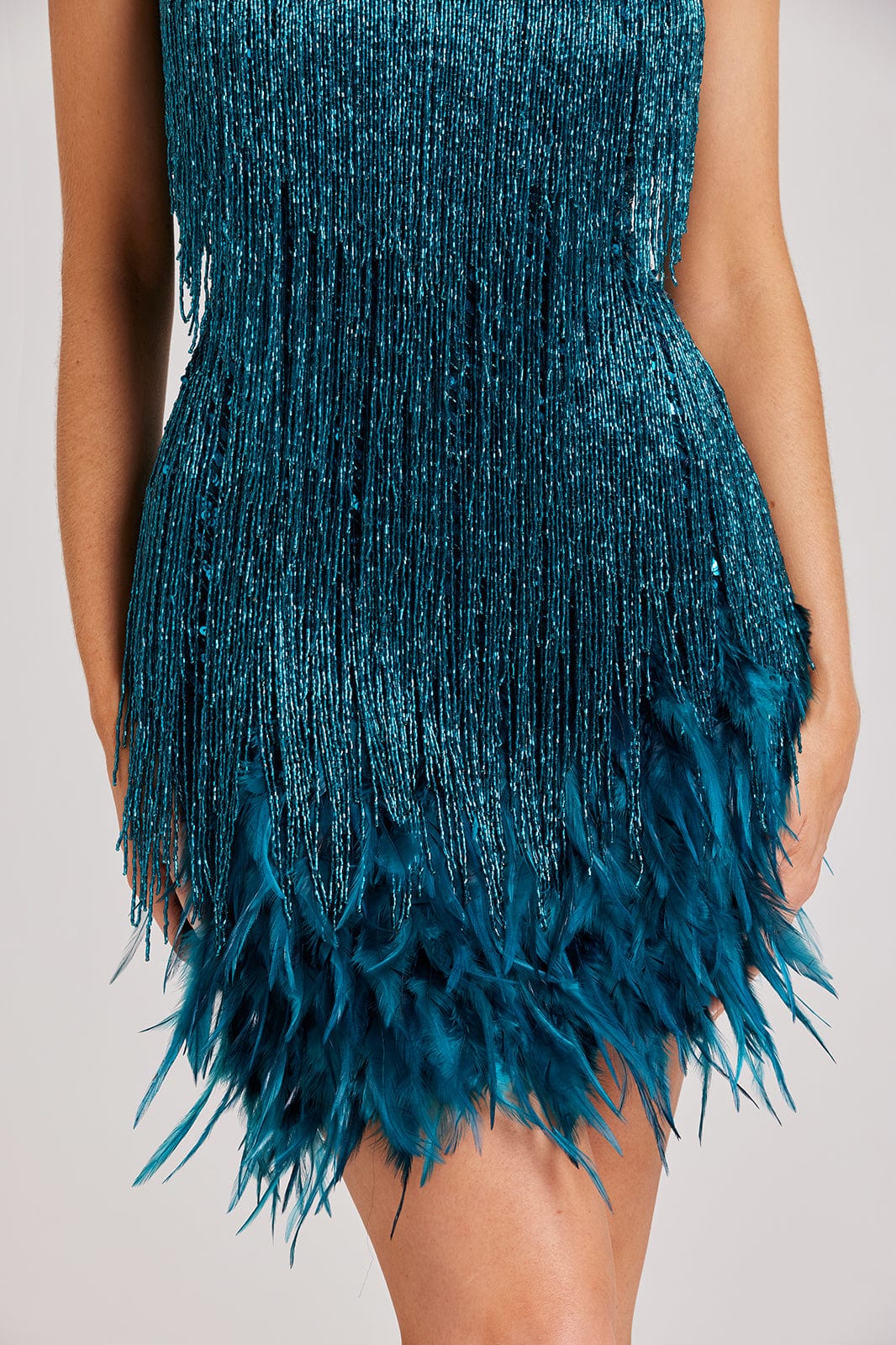 Clarisse | Glamorous Mini Dress with Fringes and Feathers