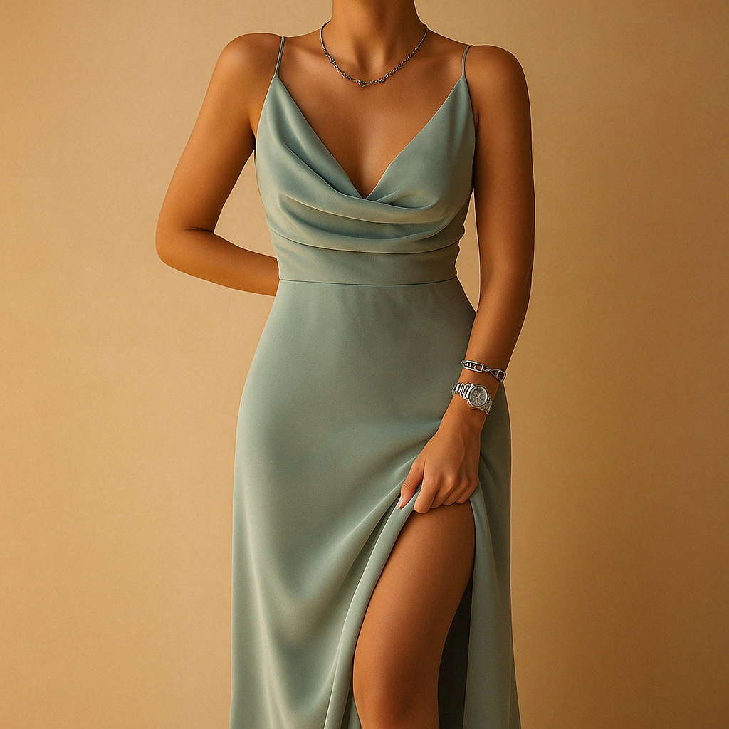 Marnie | Long Split Dress with Straps and Fluid Neckline