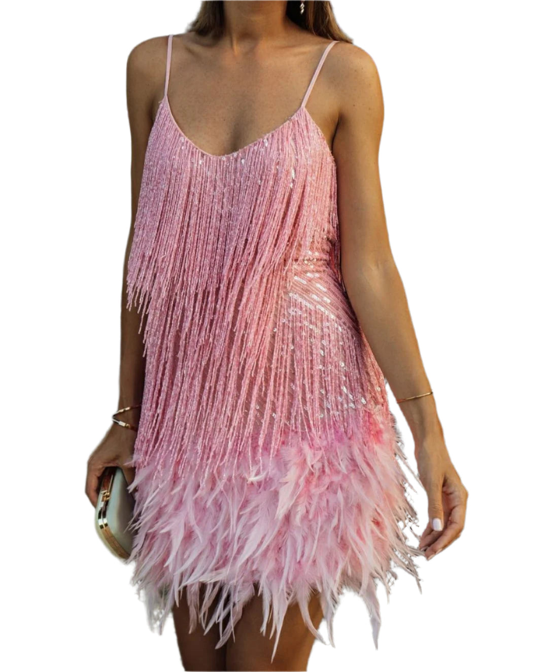 Clarisse | Glamorous Mini Dress with Fringes and Feathers