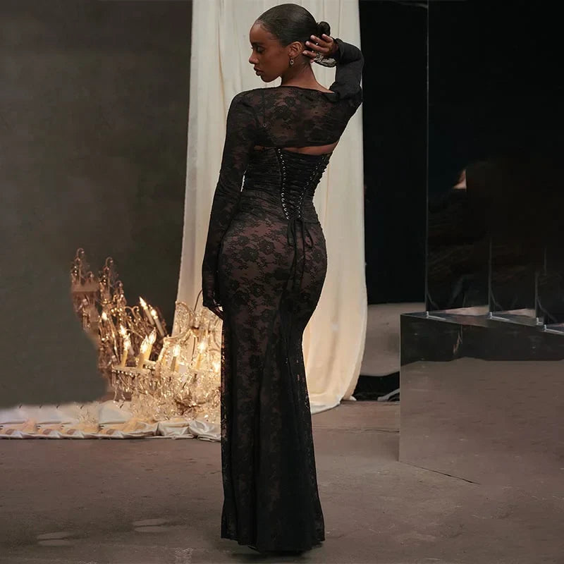 Ninon | Robe Longue En Dentelle Avec Cordon De Serrage Et Châle