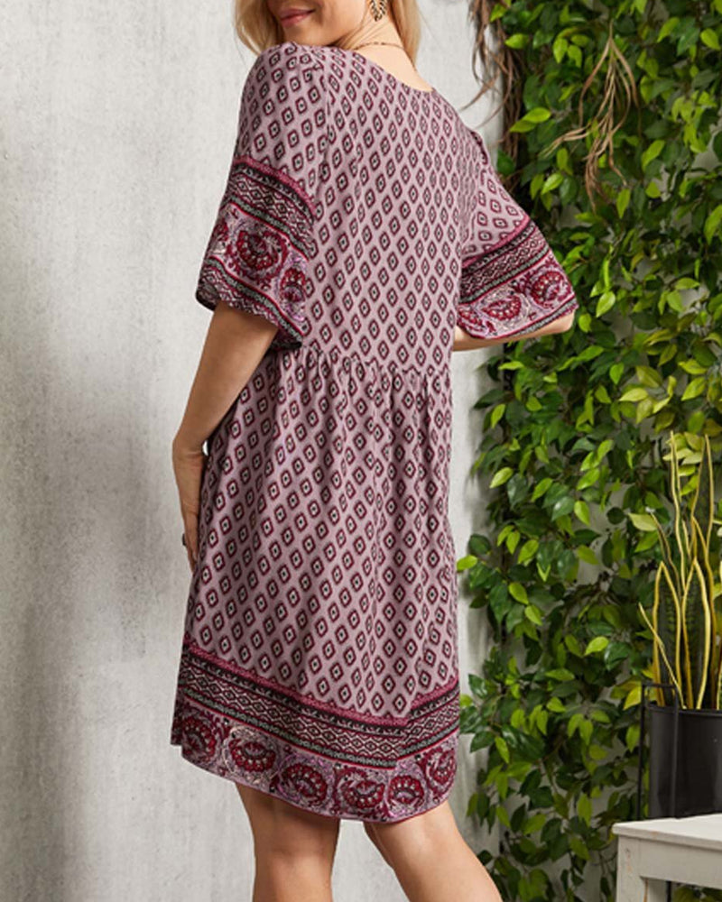 Ivana | Boho Kleid mit V-Ausschnitt und Druck 