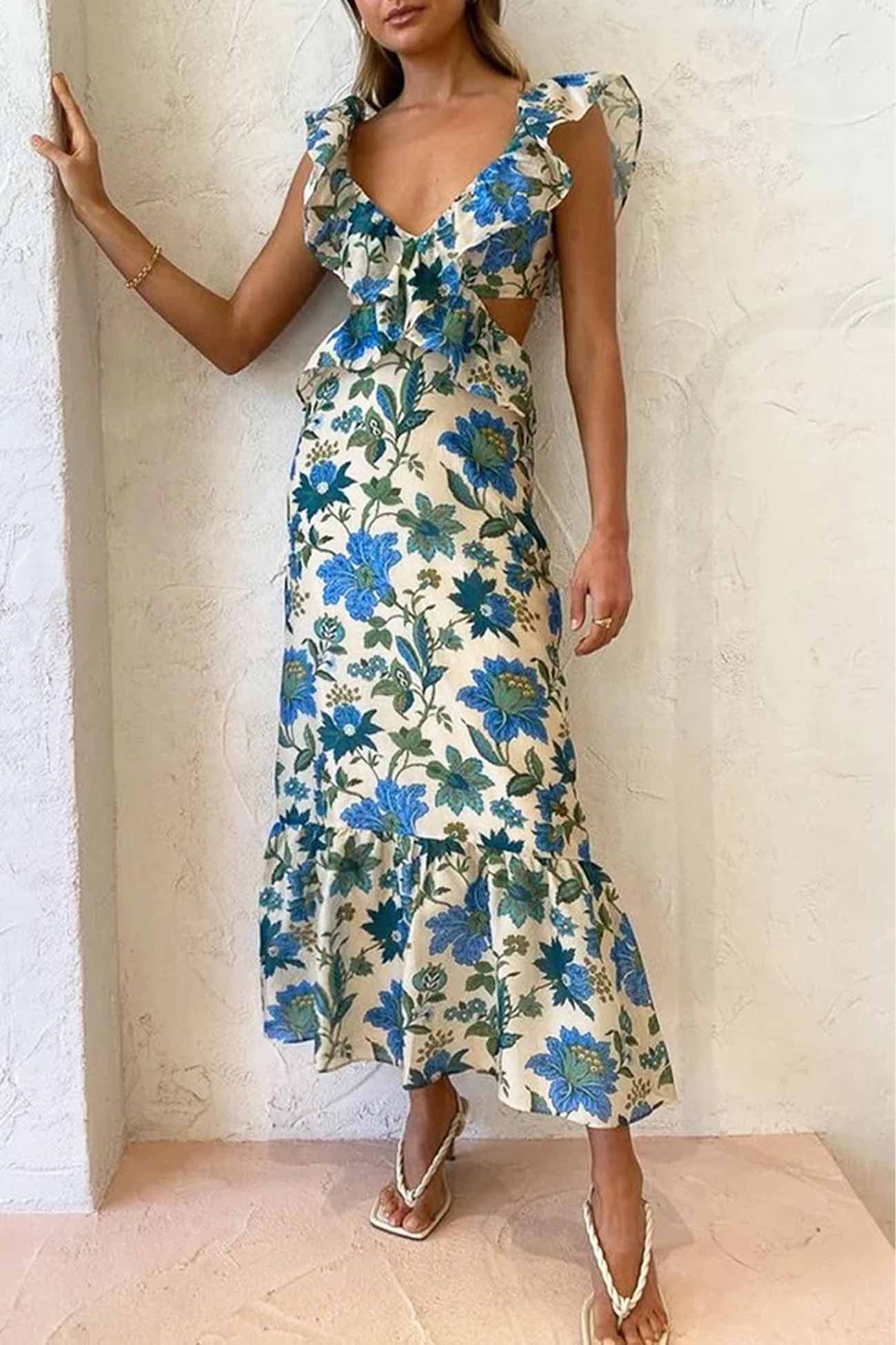 メリンダ | エレガントなロングドレス 夏用 – ノースリーブ フリル付きストラップ 
