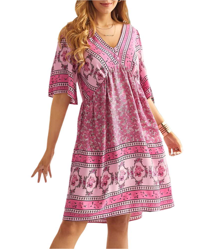 Ivana | Boho Kleid mit V-Ausschnitt und Druck 