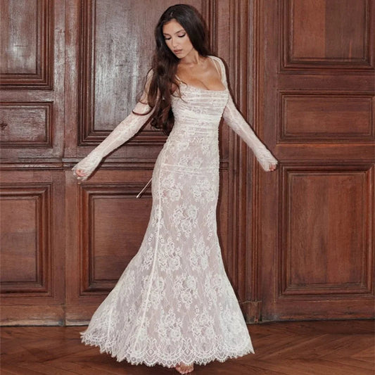 Ninon | Robe Longue En Dentelle Avec Cordon De Serrage Et Châle