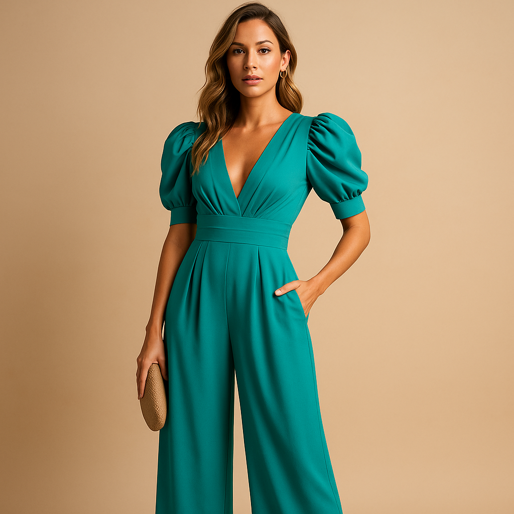 Olga | Elegantní overal s výstřihem do V a úzkým pasem 