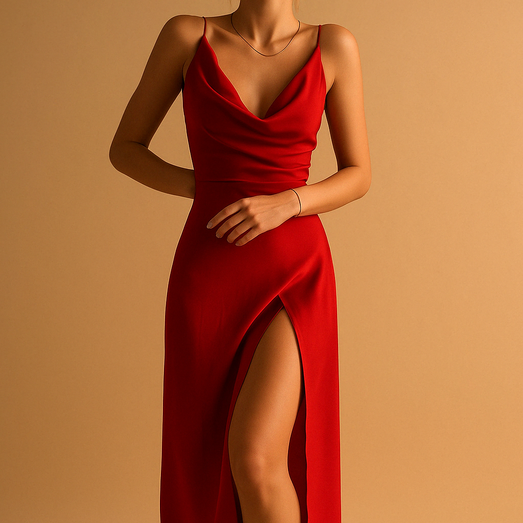 Marnie | Long Split Dress with Straps and Fluid Neckline 