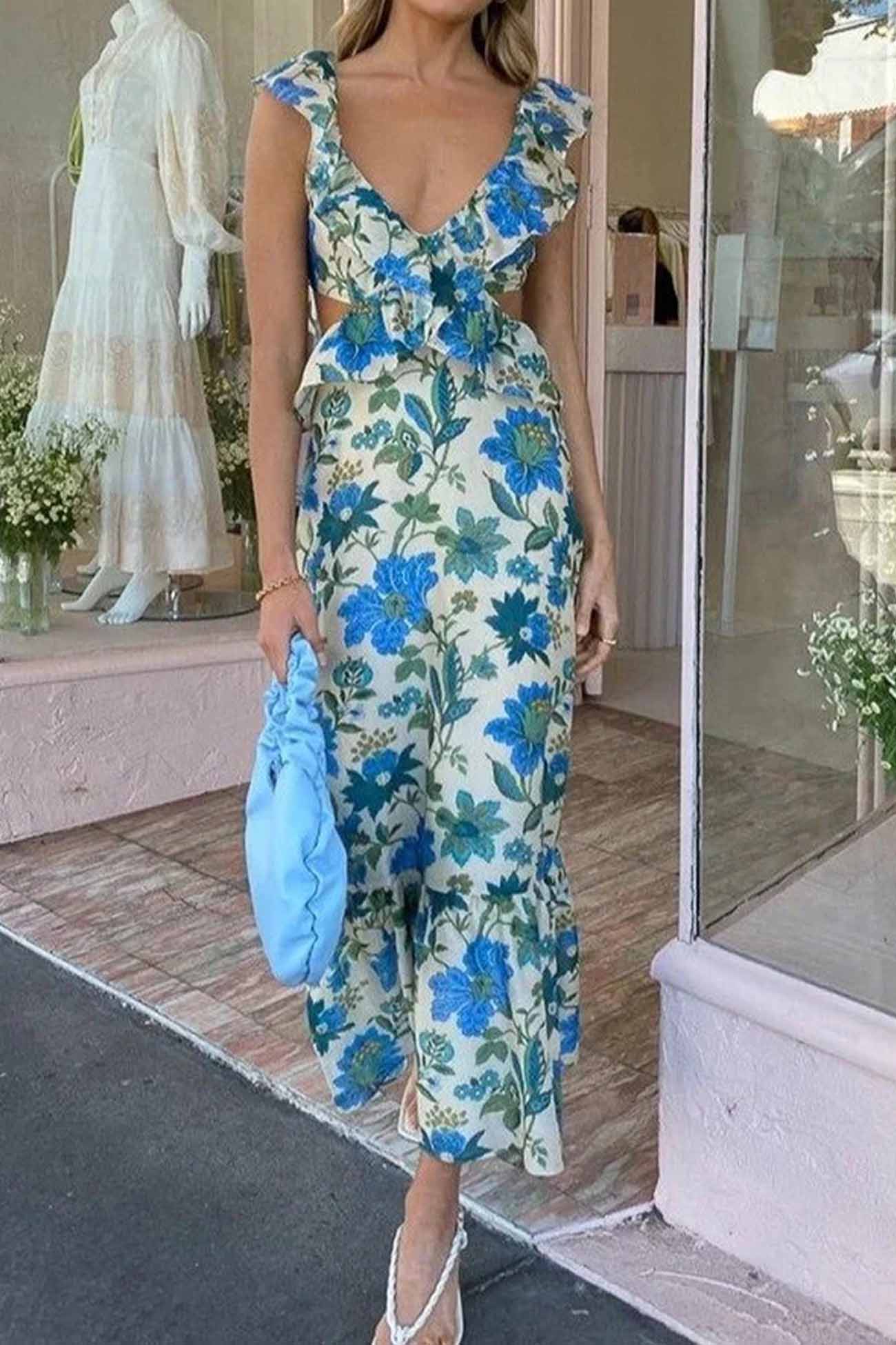 メリンダ | エレガントなロングドレス 夏用 – ノースリーブ フリル付きストラップ 
