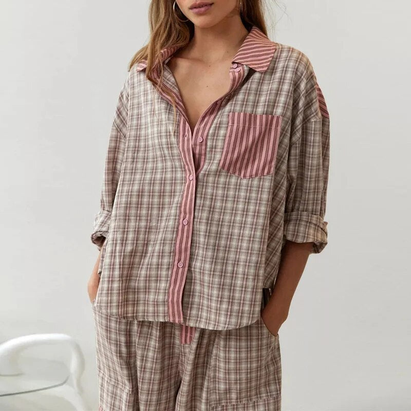 Lucienne | Pigiama Confortevole & Stile a Quadri Contrastati 