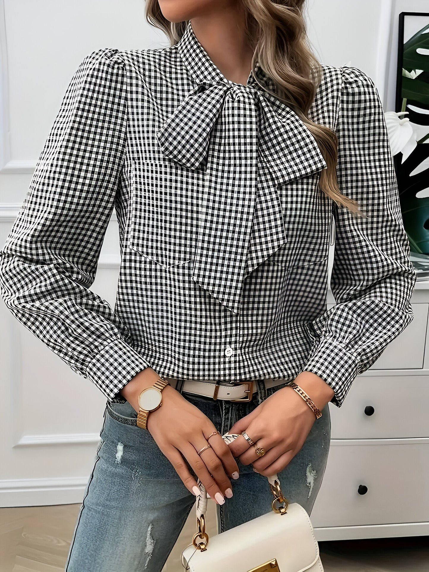 Cézanne | Elegant Checkered Blouse with Bow Tie 
